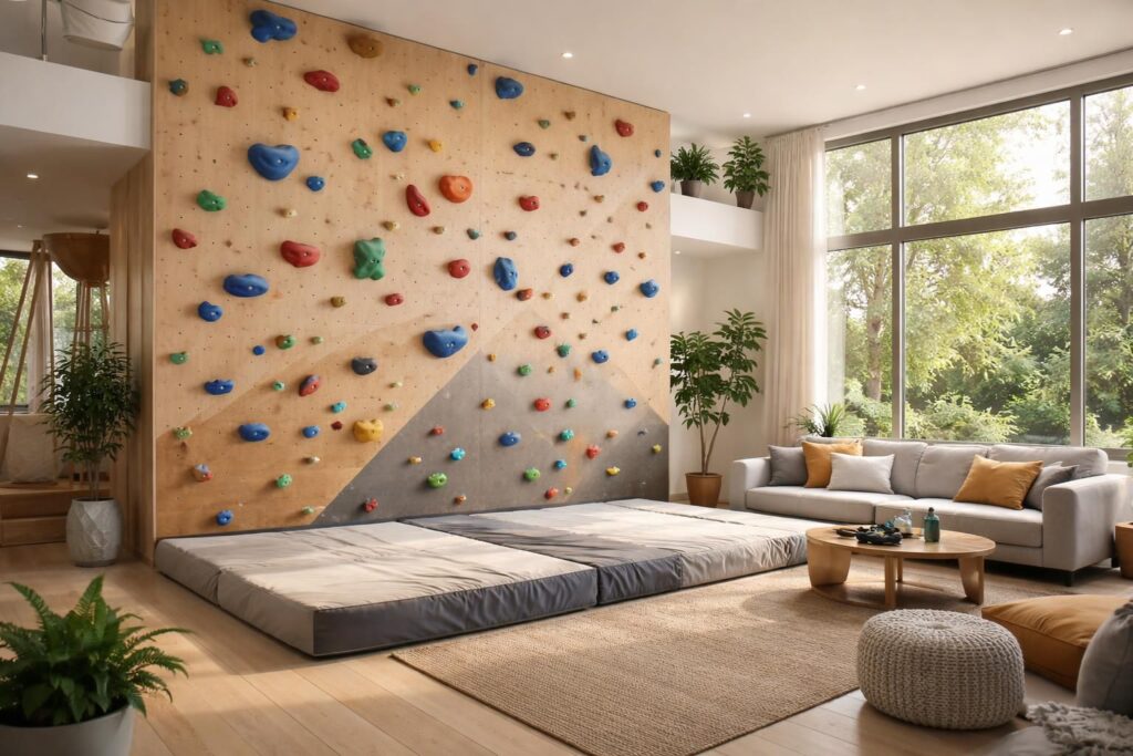 découvrez comment aménager un pan d'escalade intérieur avec tapis de réception pour escalader les murs de votre maison en toute sécurité, idéal pour les passionnés d'escalade.