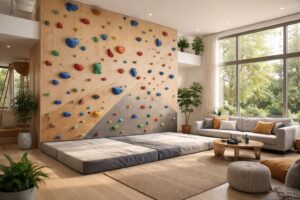 découvrez comment aménager un pan d'escalade intérieur avec tapis de réception pour escalader les murs de votre maison en toute sécurité, idéal pour les passionnés d'escalade.
