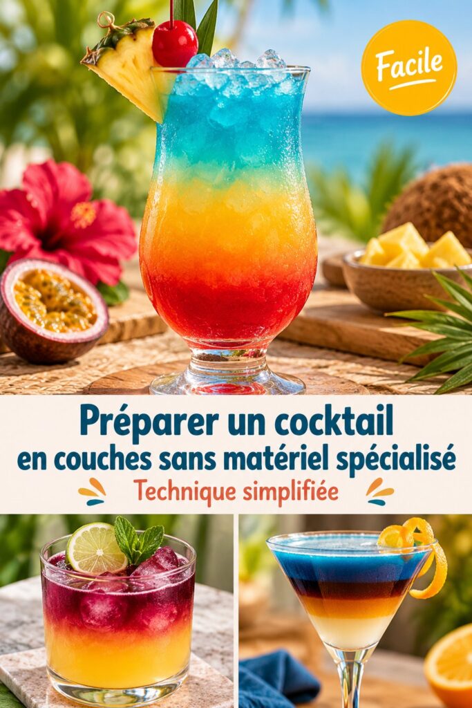 Cocktail en couches colorées dans un verre transparent, prêt à être servi.