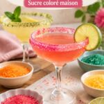 Verres à cocktail avec bords décorés de sucre coloré sur table festive