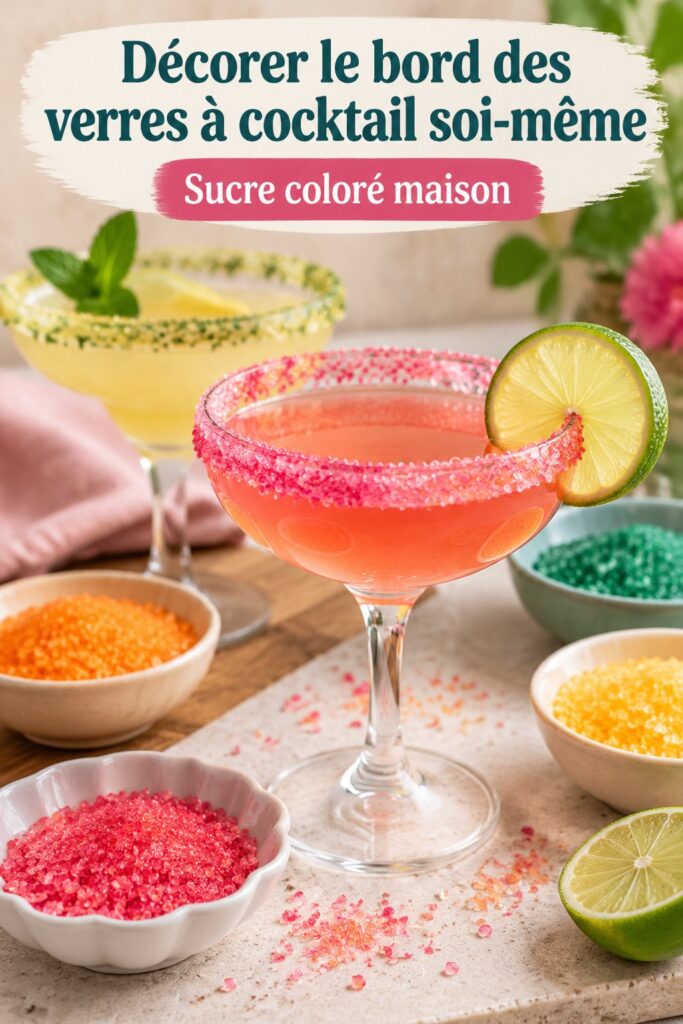 Verres à cocktail avec bords décorés de sucre coloré sur table festive